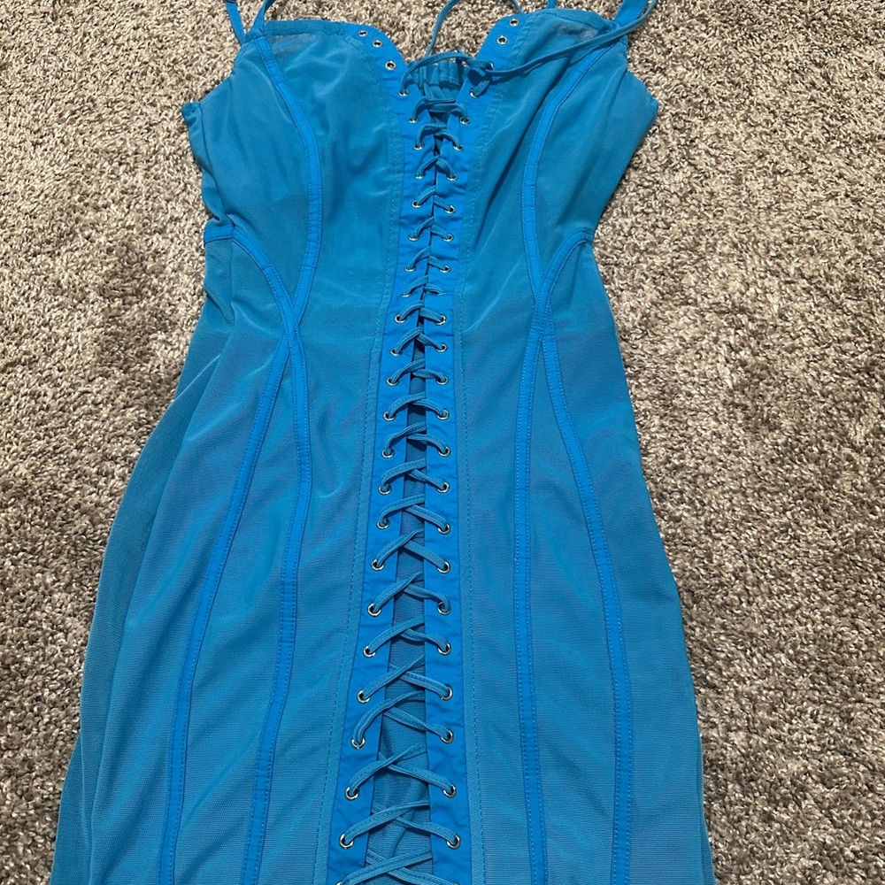 Oh Polly Teal Lace-Up Mini Dress